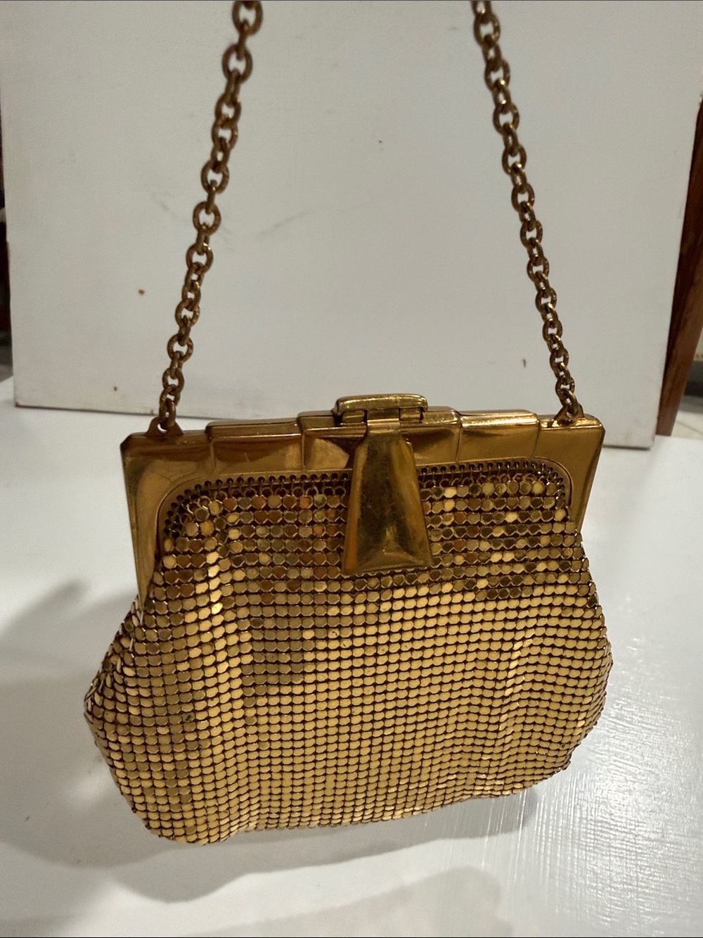 Whiting & Davis Gold Mesh Evening Wristlet with Chain 1920’s Vintage